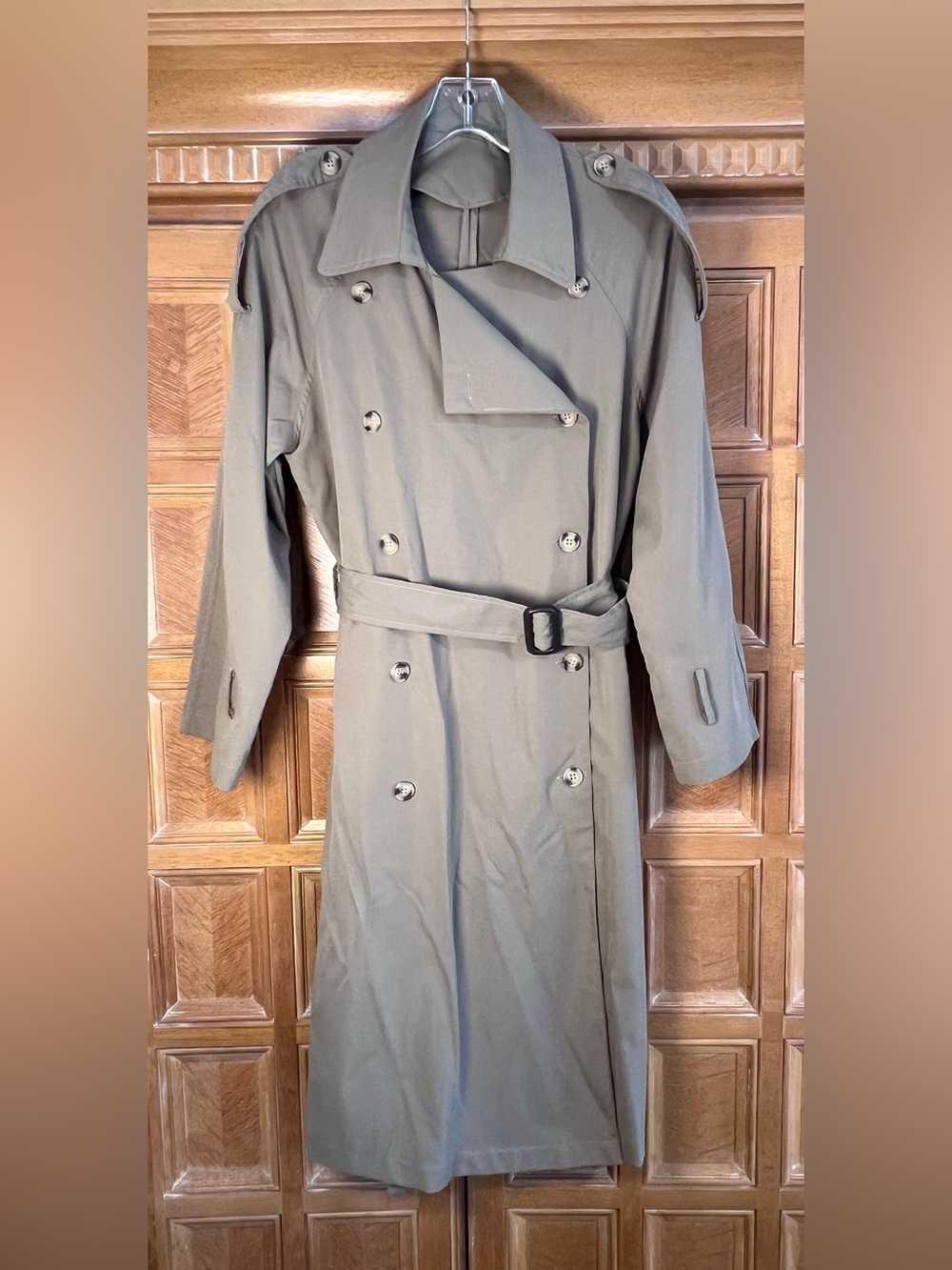 Women’s Olive Green Trench Coat Belted Double Breasted Long Rain Jacket
